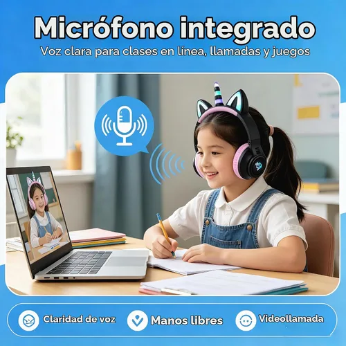 Vista 5 de Auriculares de unicornio para niñas, auriculares Bluetooth de unicornio para niños pequeños, portátil, teléfonos celulares, uso en avión Negro
