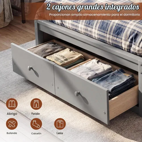 Vista 5 de KOMFOTT Cama individual con 2 cajones, cama de almacenamiento individual con soporte de listones sólidos, cabecera y estribo, marco de cama de Gris