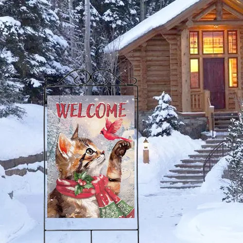Vista 5 de Selmad Bandera decorativa de bienvenida con gato atigrado de invierno, diseño de pájaro rojo de Navidad, decoración exterior de arpillera grande