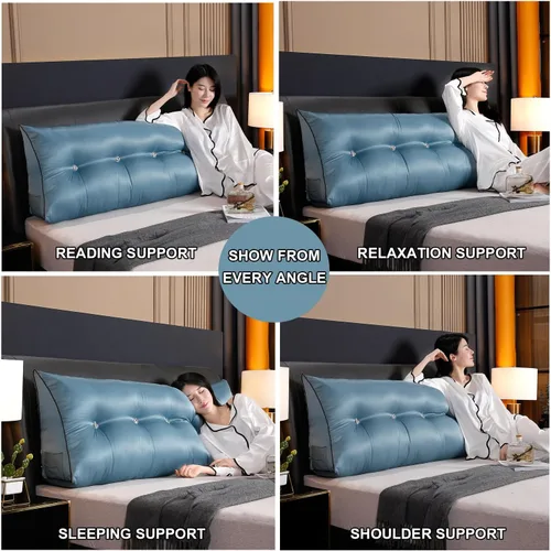 Vista 6 de Almohada triangular de lectura, almohada de cabecera de cuña para cama de día, respaldo de tatami, funda extraíble, cojín de soporte lumbar, azul