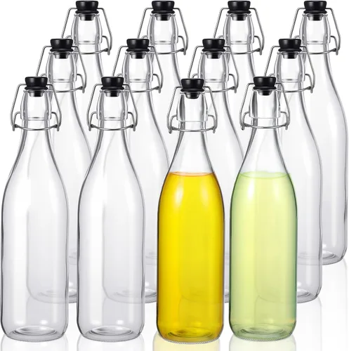 Vista 10 de Aoriher 12 botellas de vidrio ámbar de 25 onzas, botellas de vidrio con tapa abatible con tapas herméticas para cerveza casera, extracto