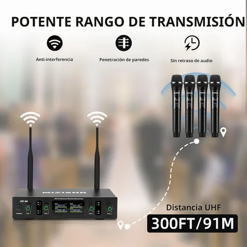 Vista 2 de Sistemas de micrófono inalámbrico UHF, juego de micrófono dinámico inalámbrico de 4 canales, conexión automática de transmisión de rango de 300 pies