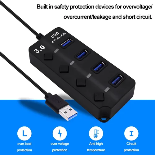 Vista 7 de Hub USB 3.0 de 4 puertos multifuncional 1 a 4 divisor de transferencia de datos de 5 Gbps USB 3.0 extensor con interruptores de alimentación LED
