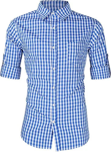 Vista 3 de KOJOOIN Camisas de manga larga para hombre Oktoberfest, camisa a cuadros bávaros alemanes con botones, color azul, talla L, Azul
