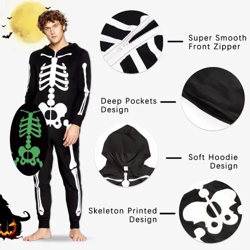 Vista 4 de Disfraces familiares a juego que brillan en la oscuridad para Halloween mono de una pieza con capucha y diseño de esqueleto para adultos y niños