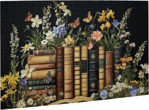 Vista 2 de Flores y libros, rompecabezas para adultos de 500 piezas, rompecabezas de madera, lluvia de ideas para adultos y decoración del hogar, ideal