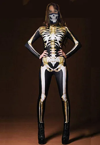 Vista 3 de Fixmatti Disfraz de fiesta de Halloween para mujer, traje de manga larga con estampado de calavera