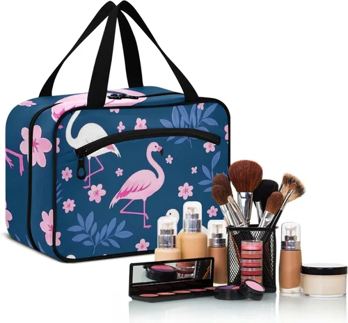 Vista 6 de Elegant Animal Flamingo Grey Hanging Travel Cosmetic Bags for Women with Hook Designer Necessities Bag for Makeup mom Toilet bolso de viaje