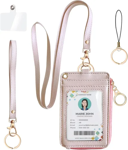 Vista 15 de bolimoss Portatarjetas de identificación 2 en 1 y cartera con cordón para mujer, soporte vertical de cuero para tarjetas de identificación