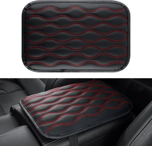 Vista 12 de Amiss Funda para consola central de automóvil, cojín de reposabrazos de automóvil de cuero mejorado con 2 bolsillos de almacenamiento, almohadilla
