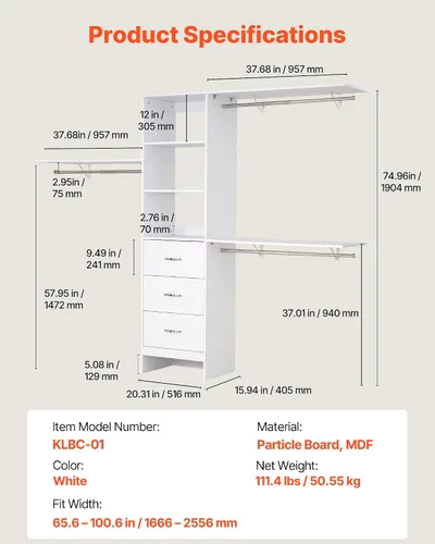 Vista 2 de VEVOR Sistema de Armario con 3 Cajones, Organizadores de Armario de Madera de Altura Ajustable, Organización Moderna de Vestidor con 3 Barras