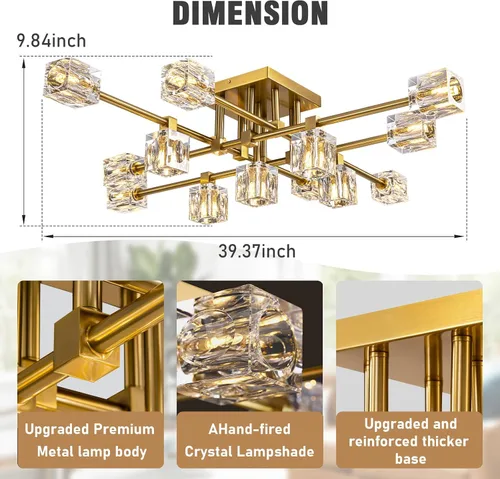 Vista 4 de Modern Ceiling Light Fixture with 13-Lights,Gold Semi Flush Mount Ceiling Light,Crystal Sputnik Chandeleirs,Modern Ceiling Lights for Living