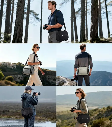 Vista 9 de RAINSMORE - Bolsa para cámara, estuche para cámara SLR/DSLR/sin espejo con divisor, soporte para trípode, bolsa cruzada impermeable digital