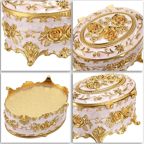 Vista 8 de Hipiwe Joyero de metal vintage, organizador ovalado con diseño de rosas, caja de almacenamiento para anillos, aretes, collar, regalo para mujeres