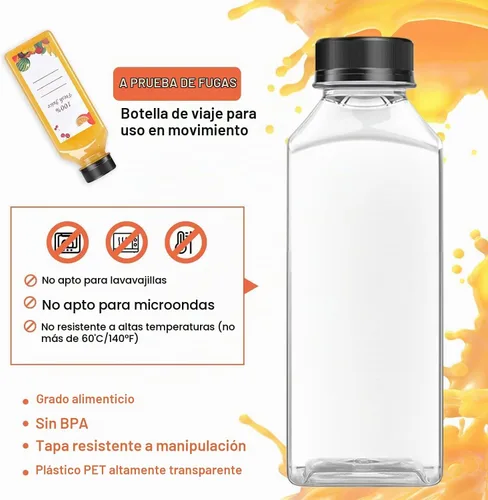 Vista 4 de OBKJJ 56 botellas de jugo de 16 onzas, botellas de jugo con tapas, reutilizables, botellas transparentes vacías con etiqueta, embudo, cepillo