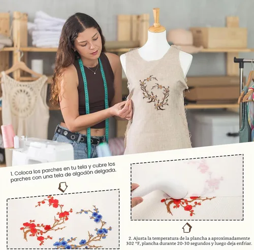Vista 4 de MECCANIXITY 2 piezas de parches termoadhesivos de flor de ciruelo, apliques de bordado de flores para coser, apliques de decoración para agujeros