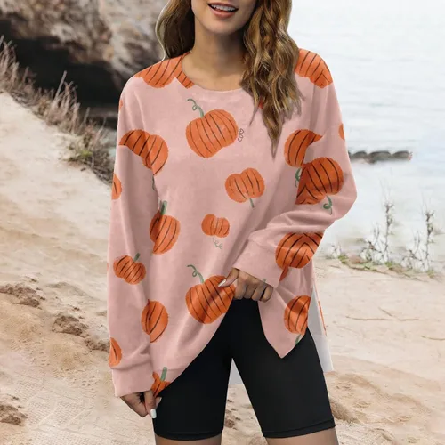Vista 6 de Sudadera de manga larga con cuello redondo y abertura lateral para mujer, estampado de Halloween, talla S-3XL