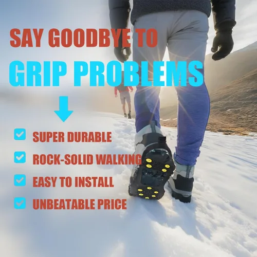 Vista 3 de Tacos de hielo para zapatos y botas, agarre de tacos de tracción de nieve de hielo, pinzas antideslizantes para zapatos, 10 picos de goma de acero