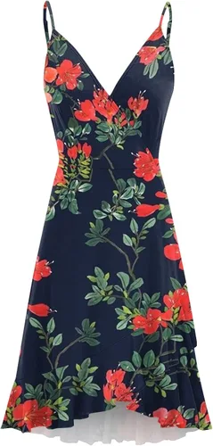 Vista 4 de Vestido de verano con tirantes delgados para mujer, estilo casual, con volantes, floral, sin mangas, cuello en V, vestido casual con vuelo