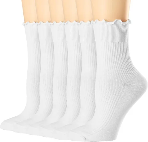 Vista 29 de Mcool Mary Calcetines para mujer, con volantes, estilo casual, transpirables, de punto, de algodón, con volantes, paquete de 6