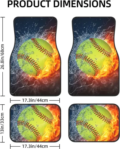 Vista 2 de Juego de 4 alfombrillas para piso de automóvil, softbol, béisbol en fuego y agua, estampadas, almohadillas para pies, impermeables, antideslizantes