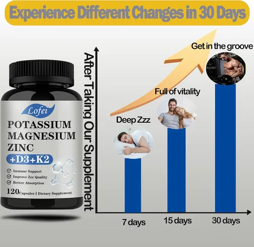 Vista 3 de Suplemento de potasio y magnesio, magnesio y potasio y zinc con vitamina D3 y K2, apoyo inmunológico para mujeres y hombres, absorción mejorada, sin