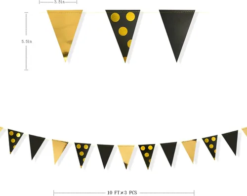 Vista 2 de Decoraciones de Fiesta Negras y Doradas de 30 Pies, Banderín de Lunares, Banner de Círculos de Papel con Puntos, Banderas Triangulares, Guirnalda