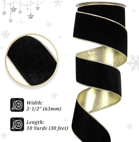 Vista 2 de Cinta metálica de terciopelo negro y dorado, 2.5 pulgadas x 10