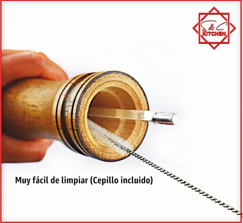 Vista 6 de Molinillo de pimienta de madera o molino de sal con un cepillo de limpieza, 8 pulgadas de alto, el mejor molinillo de pimienta o sal de madera
