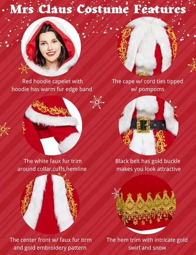 Vista 5 de Opemon Disfraz de Sra. Santa Claus para mujer, 3 piezas, vestido de Papá Noel para adultos, traje de Navidad, cosplay, fiesta de Navidad con capa