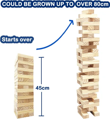 Vista 4 de Jac & Mok Tumble Tower - Juego de bloques de madera para apilar con bolsa de transporte (54 piezas de torre grande con dados)