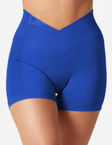 Vista 3 de QOQ Pantalones cortos de entrenamiento para mujer, 3.6 pulgadas, cintura cruzada en V, pantalones cortos de gimnasio sin costuras, cintura alta