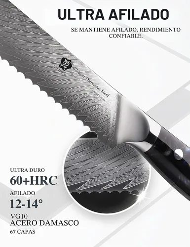 Vista 3 de WILDMOK Cuchillo de pan de acero dentado de Damasco, cuchillo de pan dentado de 8 pulgadas, mango ergonómico de resina de espiga completa, afilado