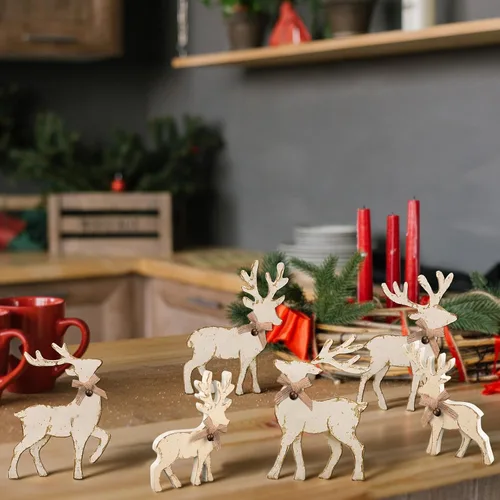 Vista 6 de Tieshankao 6 centros de mesa de madera de reno de Navidad para el hogar, bandeja escalonada de madera de ciervo de invierno para decoración de mesa