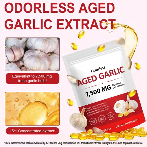 Vista 4 de Cápsulas blandas de extracto de ajo envejecido - 7,500 mg de fuerza equivalente (concentrado 15:1) - Apoya la salud del corazón, la circulación