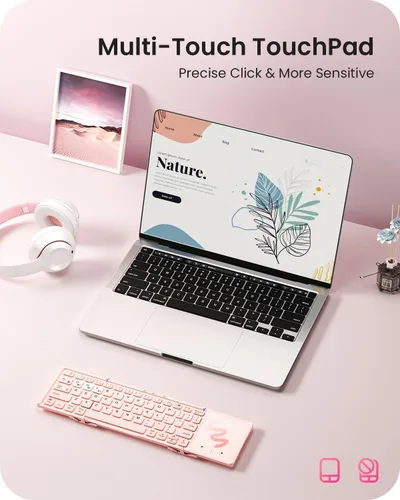 Vista 2 de Artciety - Teclado Bluetooth plegable, portátil e inalámbrico con panel táctil más grande, teclado plegable de bolsillo rosa para MacOS, Android