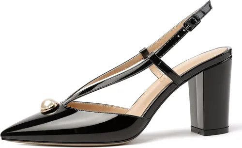 Vista 2 de MODENCOCO Zapatos de tacón alto para mujer, correa de tobillo recortada, charol perla, puntera puntiaguda, 3.5 pulgadas