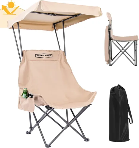 Vista 9 de YOUNG WOOD Silla de Camping y Playa Portátil con Toldo de Sombra, Plegable Ligera de Gran Tamaño para Todos, Fácil de Abrir y Cerrar Sin