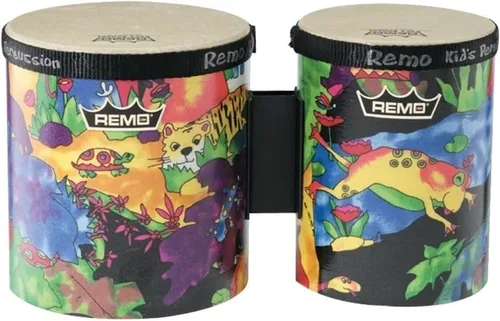 Vista 2 de Remo KD-5400-01 Kids Percussion Bongo Drum - Fabric Rain Forest, 5"-6" & RH-2106-00 Rhythm Club Pandereta - Rhythm Kids, 6
