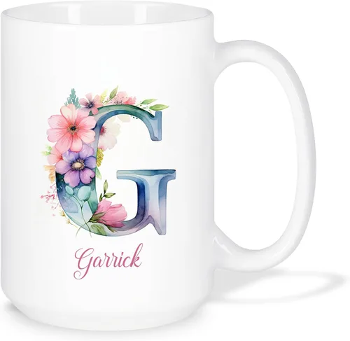 Vista 10 de Taza de café personalizada de la letra A del alfabeto, Taza de café blanca con nombre personalizado único, Taza inicial de monograma floral