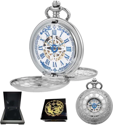 Vista 14 de Relojes mecánicos de bolsillo con números romanos con esfera y cadena para hombre y mujer