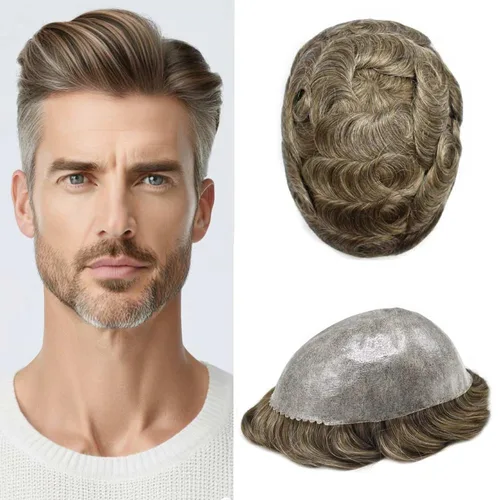 Vista 249 de Toupee para hombre 100% cabello humano real tupé para hombres 0.004 in piel de poliuretano para hombre, sistema de reemplazo de piezas de pelo