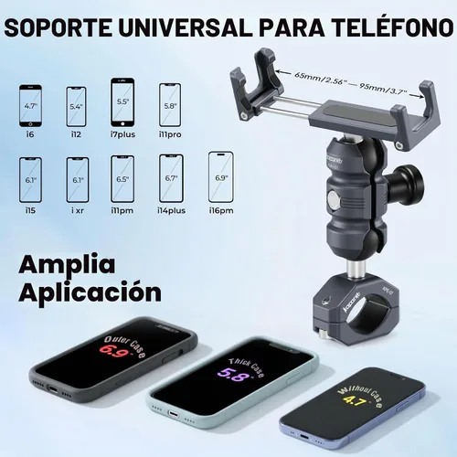 Vista 6 de Soporte de aluminio para teléfono de motocicleta, abrazadera de tornillo para manillar de 0.866-1.260 in, brazo de enchufe ajustable y clip de KPS-02