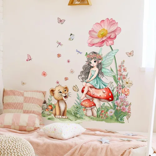 Vista 4 de 2 hojas de calcomanías de pared de hadas para dormitorio de niñas, murales de pared de flores, vinilo para despegar y pegar, calcomanías de pared