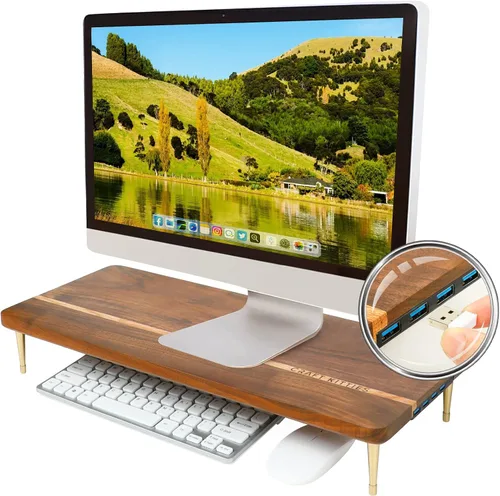 Vista 10 de Soporte elevador para monitor de madera maciza, soporte de monitor multiusos para computadora portátil, iMac PC (nogal)