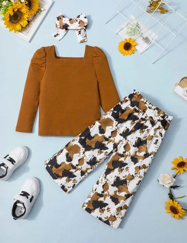 Vista 5 de Conjunto de 3 piezas de ropa para niña pequeña, cuello cuadrado, manga larga abombada, pantalones a rayas + diadema