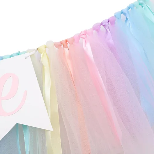 Vista 8 de Cartel para silla alta de arcoíris pastel, cartel de tul y cinta para silla de bebé de primer cumpleaños, decoraciones de arcoíris