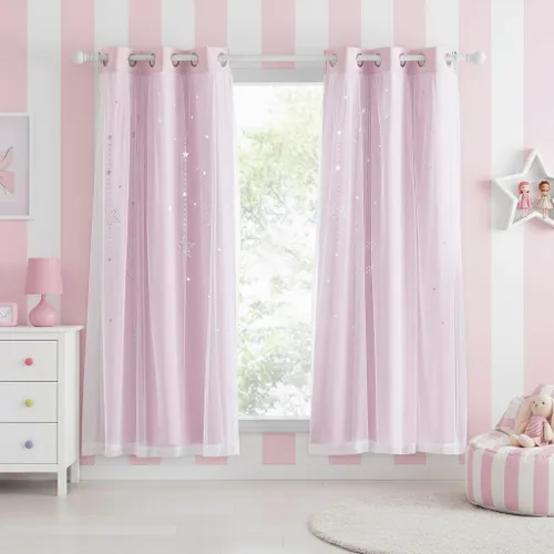 Vista 33 de NICETOWN Cortinas para Dormitorio de Niñas Infantiles con Estrellas Caladas Ventana 2 Capas Cortina 63 Pulgadas de Longitud Oscurecimiento