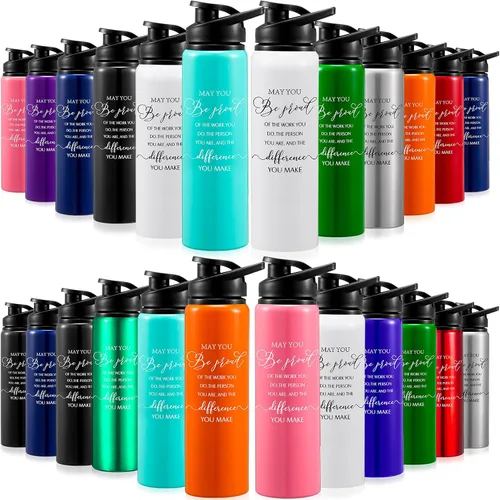 Vista 7 de Bokon Paquete de 24 botellas de agua de agradecimiento a granel, botellas de aluminio reutilizables con tapas, para empleados, maestros, compañeros