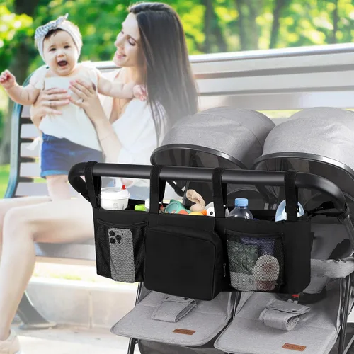 Vista 6 de Accmor Organizador de cochecito doble para Bob Duallie y Baby Jogger City Mini GT2, organizador de bolsa de cochecito de bebé doble, accesorios
